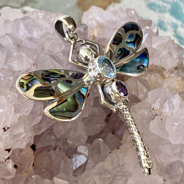 PD 14885 AB-MX-(HANDMADE 925 BALI SILVER DRAGONFLY PENDANT / BROOCH WITH ABALONE AND MIXED GEMSTONES)